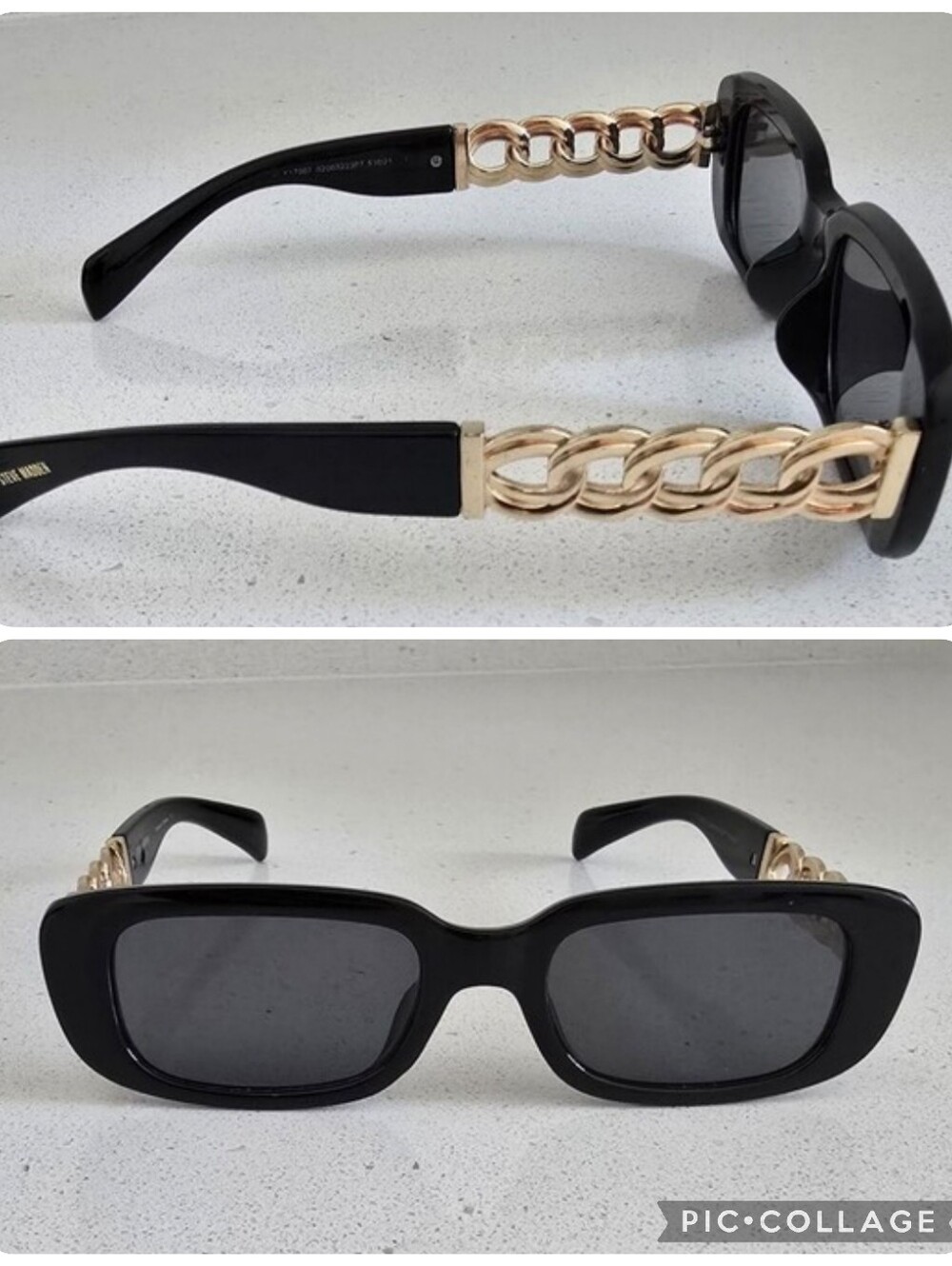Steve Madden Black Rectangular Sunglasses with Gold Chain Accent